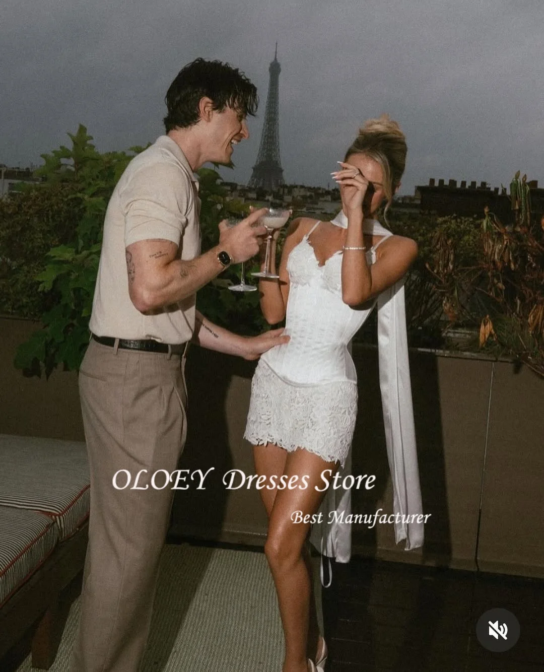 OLOEY koronkowa Mini krótka suknia wieczorowa sukienka bez rękawów Spaghetti pasek suknia dla panny młodej dostosowane suknie ślubne na przyjęcie Robe De Mariée