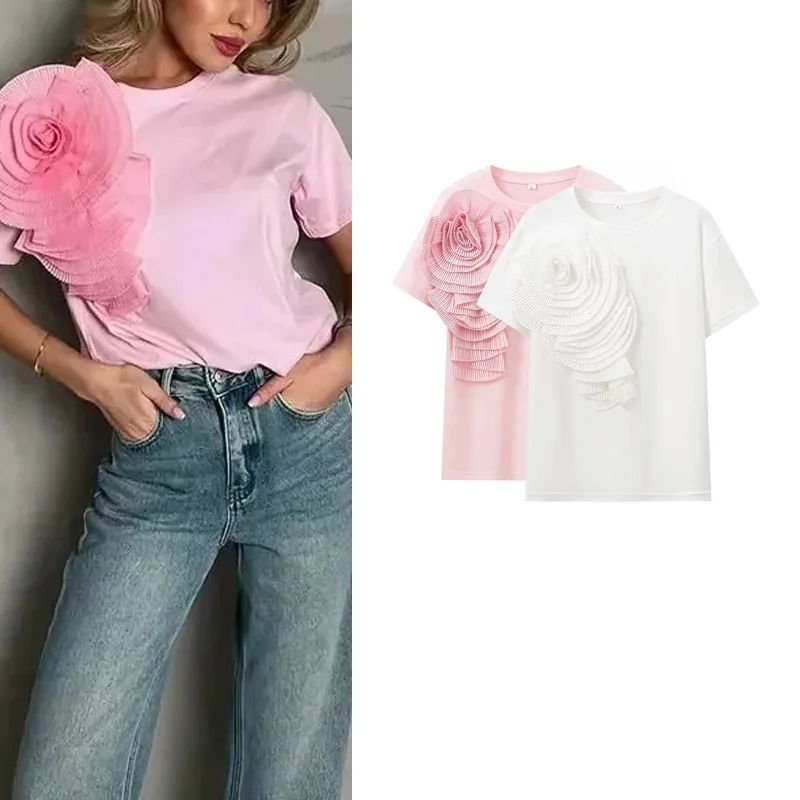 

Spring New Sweet Casual Versatile round Ne ort Sve T-irt 3D Flower Decoration Pure Color Commute Sle Loose Fit Pol...