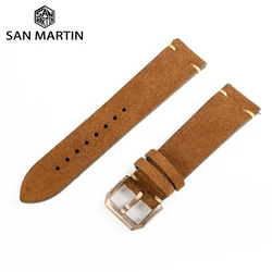 San Martin 22mm Retro Suede Straps Men Women Classic Soft Brown Leather Watch Band Cusn8 Bronze Buckle Wristbands Replacement