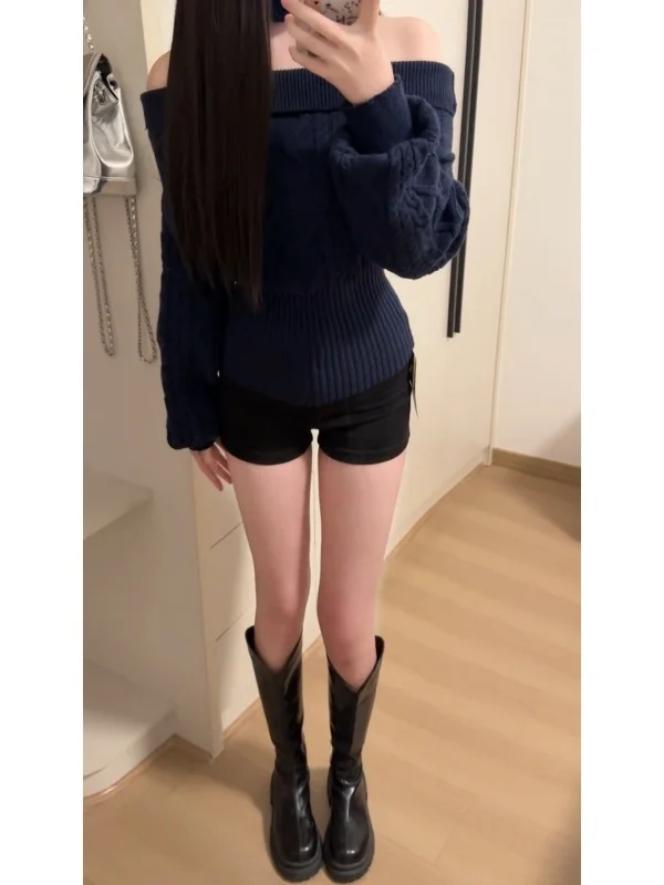 

Модный вязаный свитер с одним открытым плечом, повседневный, удобный, свободного кроя, с длинными рукавами, зимний, модный женский топ, элегантный стиль