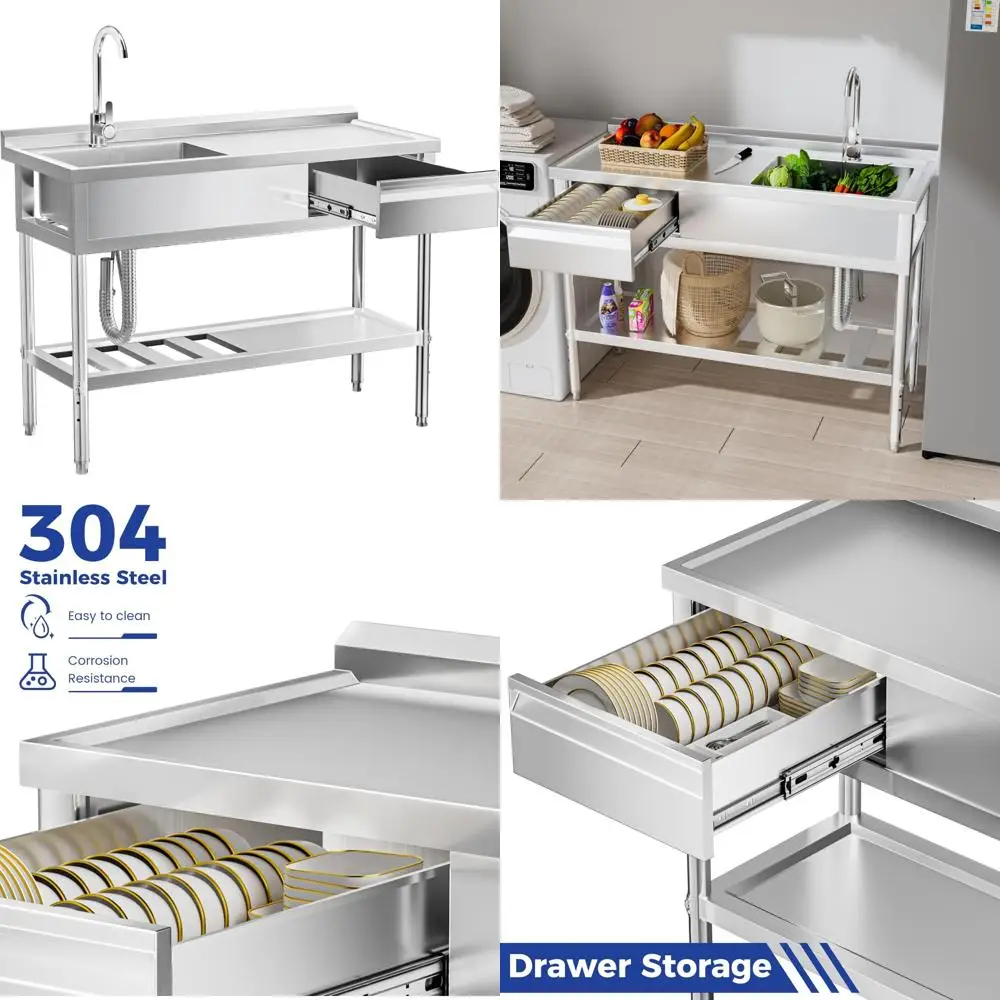 Stainless Steel Utility Sink with Cold and Hot Water Pipes, Free Standing Single Bowl Commercial Kitchen Sink W/Workbench & Stor