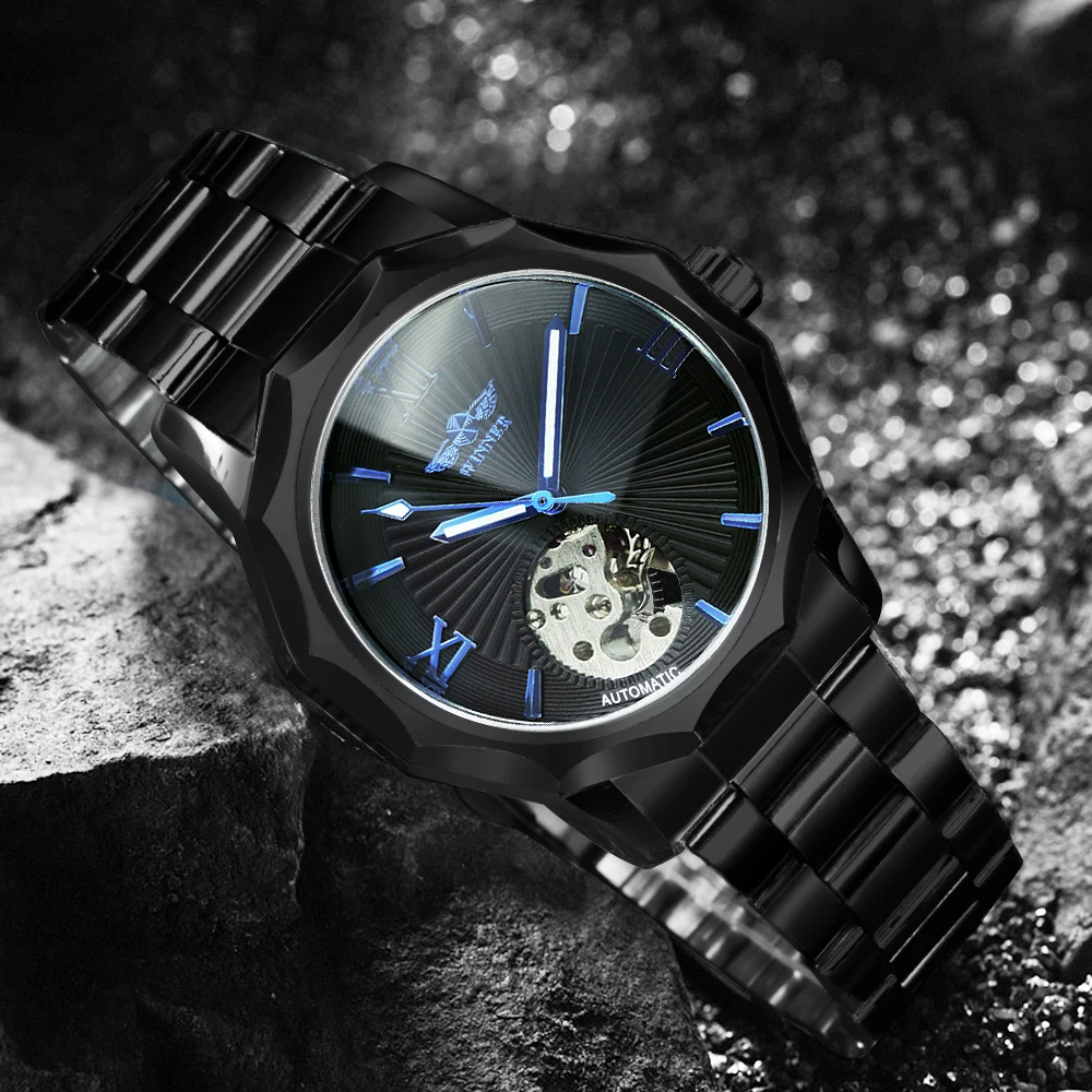 WINNER Business Irregular Skeleton Automatic Mechanical Watch for Men Luminous Hands Leather Steel Strap Fashion Simple Watches