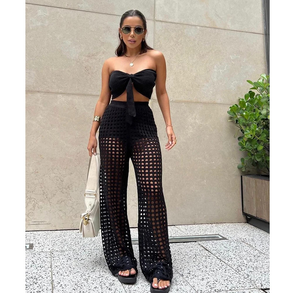 New Suimsuit Cover up Beach 2024 Knitted Hollow Out Bandeau Top Straight Pants Sets Mesh High-Waist Bottoms Suit Sexy Streetwear