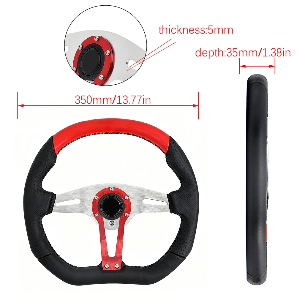 350MM Customized Car Universal Steering Wheel Black and Red Microfiber Leather Sport Steering Wheel with Long Bar Falt Bracket