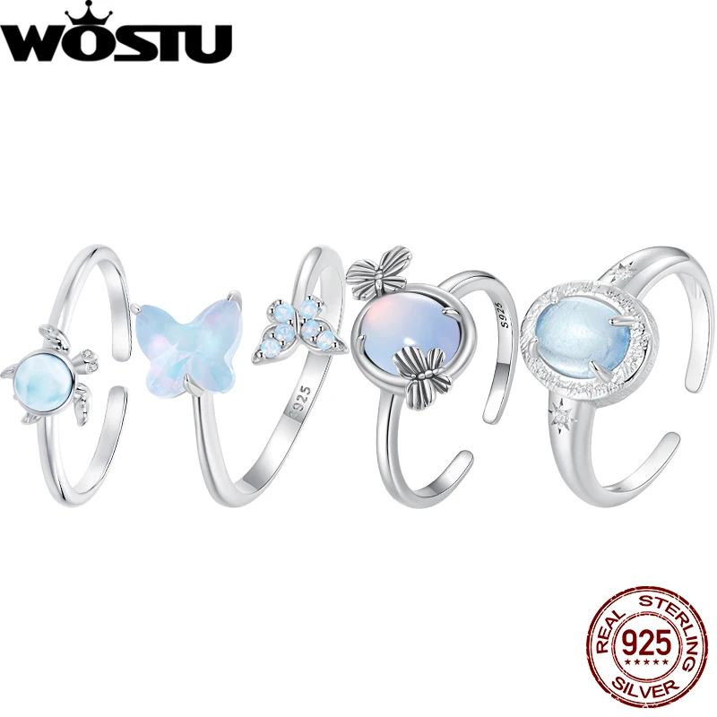 WOSTU 925 Sterling Silver Dreamy Blue Butterfly Ring Transparent Statement Open Ring Original For Women Fine Jewelry Girl Gift