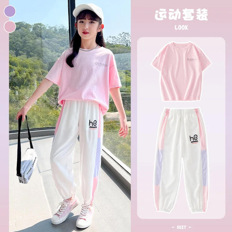 2024 summer girls Clothes Child set Sports Suit Teen tracksuit letter print loose t shirt + striped straight pants 4 12 14 year