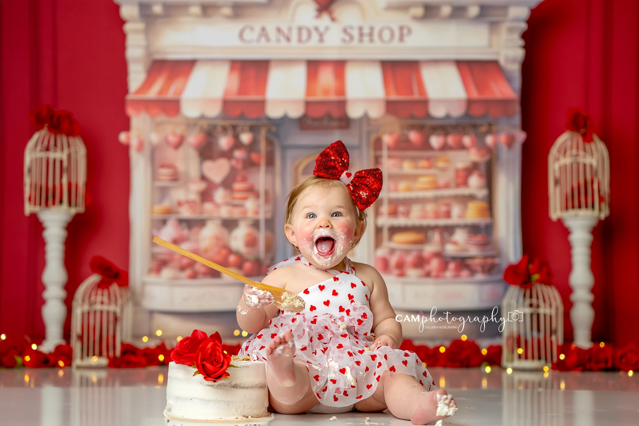 Valentine's Day One Cute Candy Store Backdrops Kids Baby Birthday Cake Smash Photography Red Heart Valentine Backgrounds