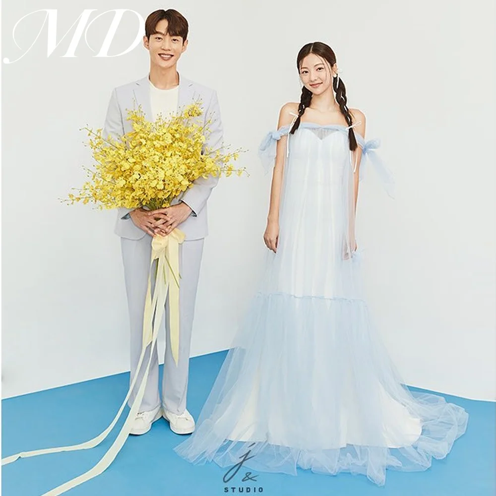 MD Elegant New Off Shoulder Blue Wedding Party Dress Tulle 2025 Korea Photoshoot Floor Length Evening Gown Customised 웨딩드레스