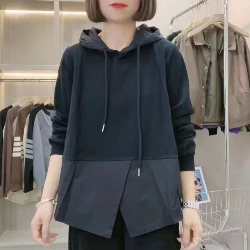 2026 Spring New Fake Two Piece Long Sleeve Hoodie Women Loose Casual Lazy Vibe Versatile Streetwear