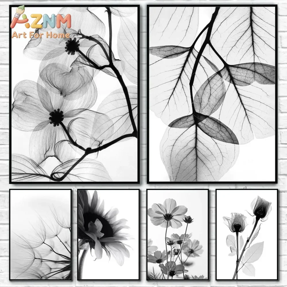 AZNM Black White X‑Ray Floral Canvas Wall Art,Semi‑Transparent Skeleton Leaf Flower Dandelion Sunflower Art Print Unframed Canva