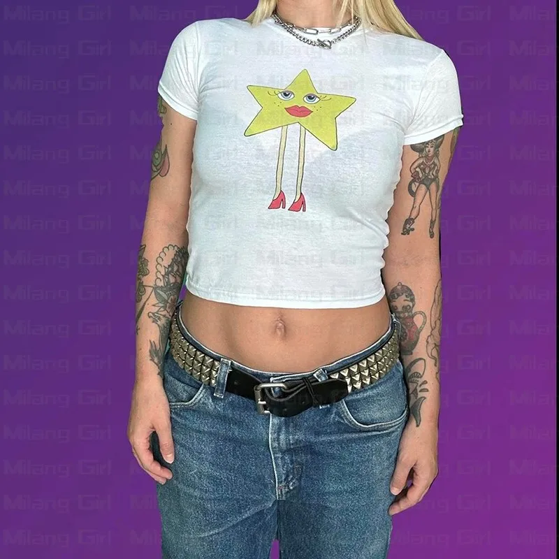 

Cartoon Star Printed Vintage Crop Tops Y2k Harajuku Kawaii Teen's Streetwear 2000s Short Sleeve Summer Baby Tee Girls Clothes