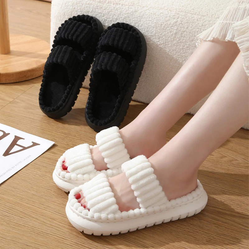 Double Straps Plush Platform Slippers Women Solid Color Non Slip Comfy Cotton Shoes Woman Fashion Corduroy Indoor House Slippers image 2