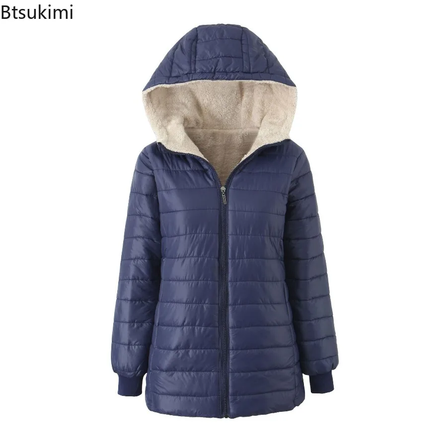 2025 New Autumn and Winter Korean Style Mid-length Hooded Cotton Coat for Women Lambswool Warm Cotton Coat and Velvet Jacket Top