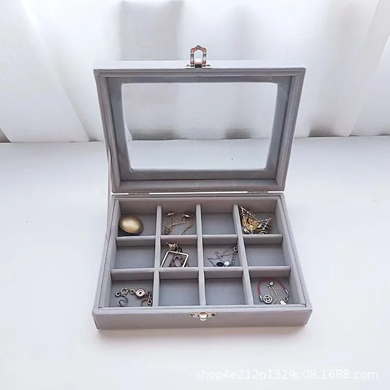 

Large Square Velvet Jewelry Box with Clear Lid - Multi-Compartment Organizer for Earrings Rings Necklaces, Display Storage Case