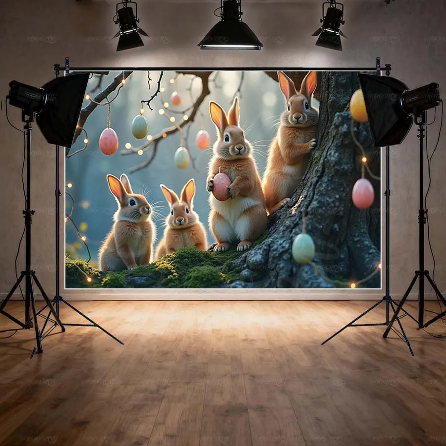 

MOON.QG Easter Day Forest Bunny Family Background Photography Pastel Egg Tree Photo Backdrop For Kid Activity Party Decoration