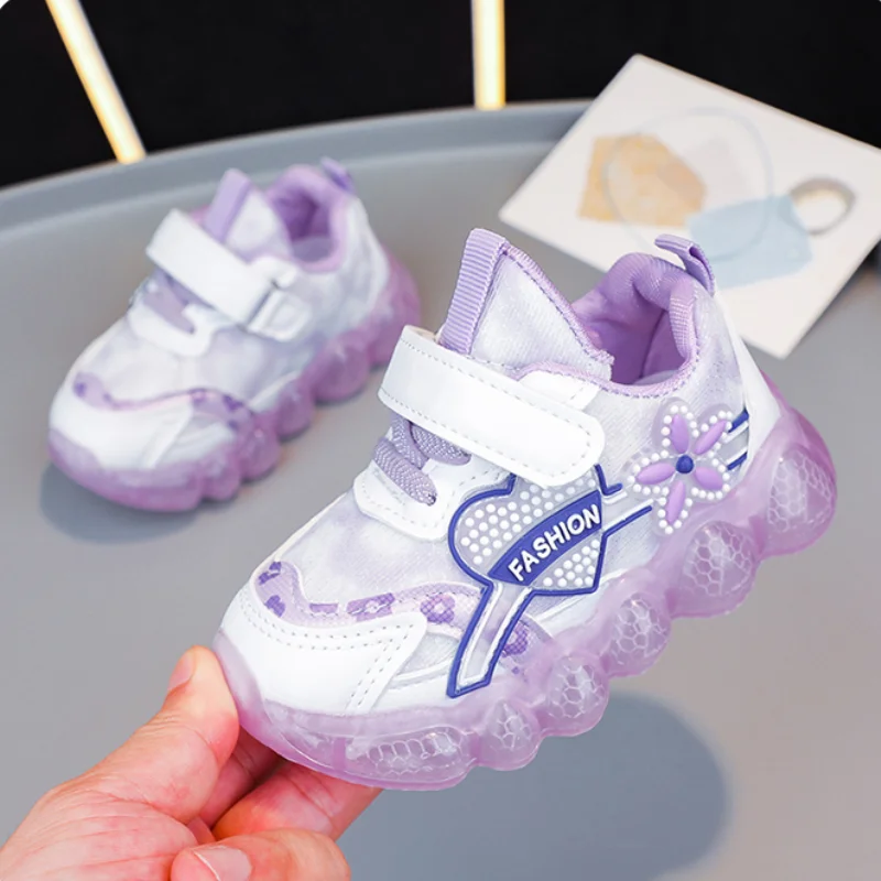 Disney-zapatillas de princesa Elsa rosa para niñas, zapatos de dibujos animados para niños, zapatillas deportivas con iluminación Led, otoño