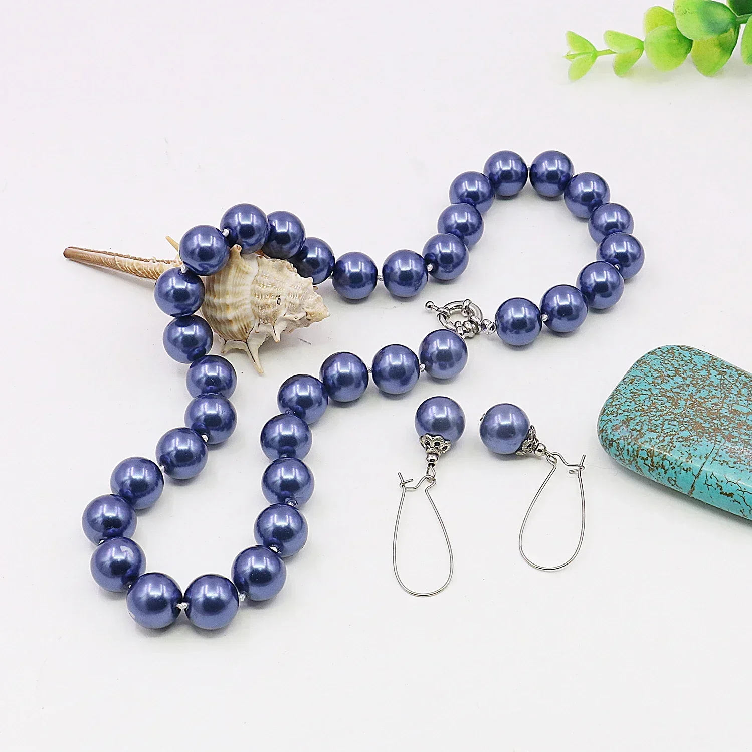 8/10/12mm Blue Shell Pearl/Stud Earrings Necklace Set, Classic Clasp,Women's Jewelry Making/design,Gifts, Banquet Party Choker