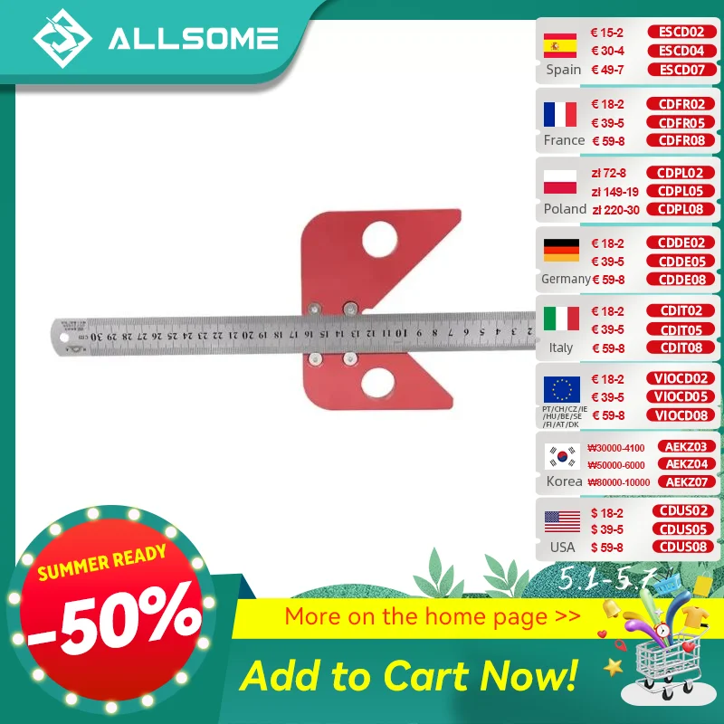 ALLSOME Woodworking Center Scribe 45 Degree Angle Line Gauge Wood Ruled Carpenter Ruler Gauge HT2340