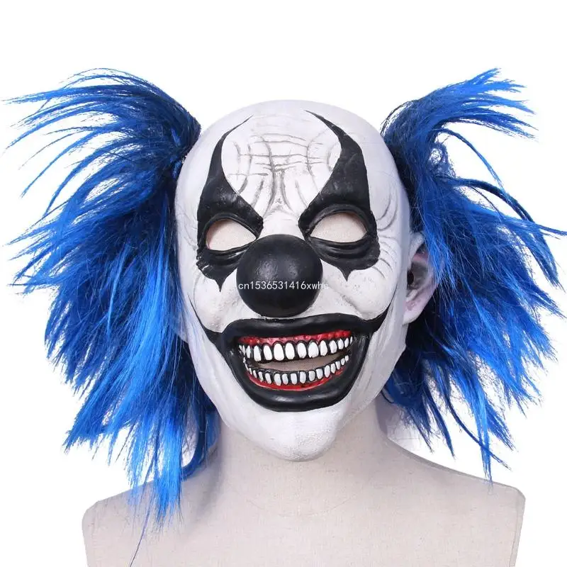 

Dropship Latex Blue Hair Smiling Clown Mask Halloween Haunted House Headgear Props