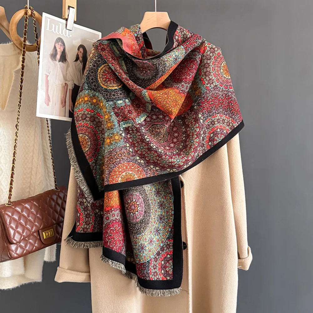 

Красочный богемный этнический стиль, хорошая шаль из искусственного кашемира, длинный толстый шарф, зимний теплый шейный платок, женская накидка на весну и осень, 420 г