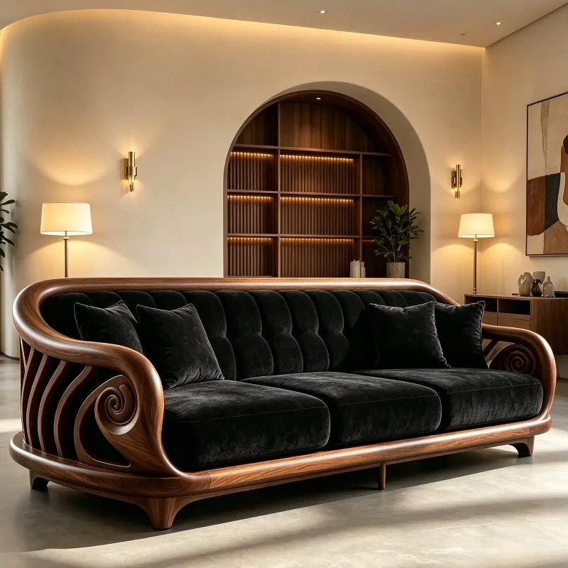Medieval North American black walnut high-end fabric sofa, modern high-end villa solid wood three-person sofa