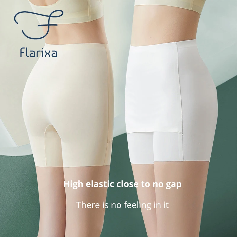 Flarixa High Waist Double Layer Shorts Under Skirt Slim Fit Seamless Safety Pants Summer Boyshorts Women Ice Silk Safety Shorts