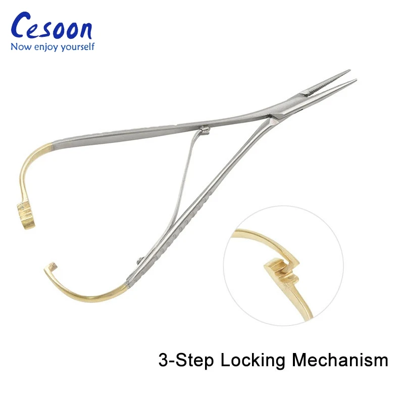 14cm Dental Needle Holder Tweezers Gold Plated Handle Stainless Steel Orthodontic Plier Straight Head Dental Surgical Instrument