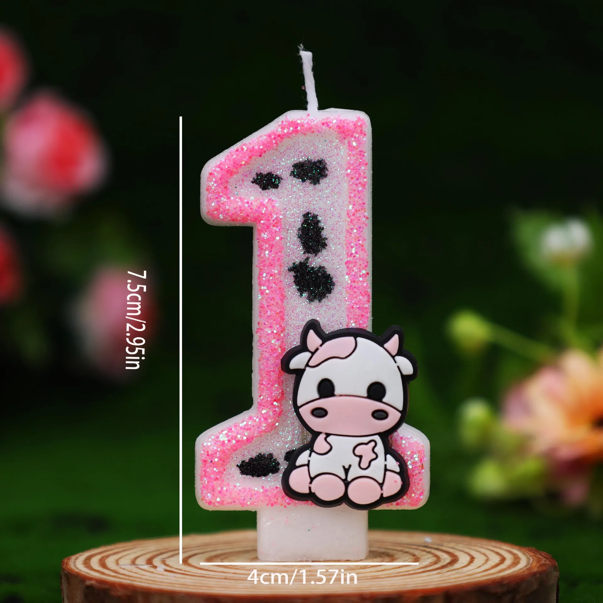 Kuhmuster-Zahlenkerzen 0-9, Niedlicher Cartoon-Kuh-Glitzer-Geburtstagstorten-Topper, Rosa Bauernhof-Tierkerze für Mädchen zum 1. Geburtstag – Detail 4