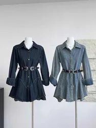 Spring New Women's Long Sleeve Denim Shirt Dress Korean Retro Irregular Single-breasted High Waist Slim Cowboy Dresses