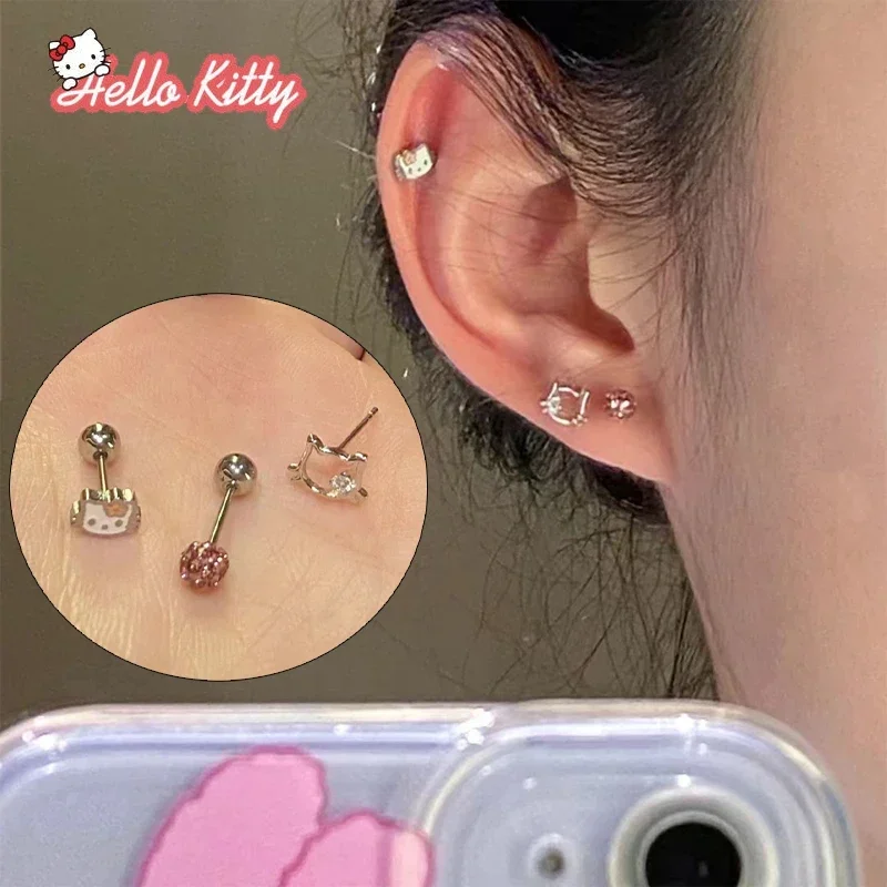 Boucles d\'oreilles Sanurgente Hello Kitty Cartoon pour femmes et filles, boucle d\'oreille chat multiple en acier inoxydable, petits clous, bijoux