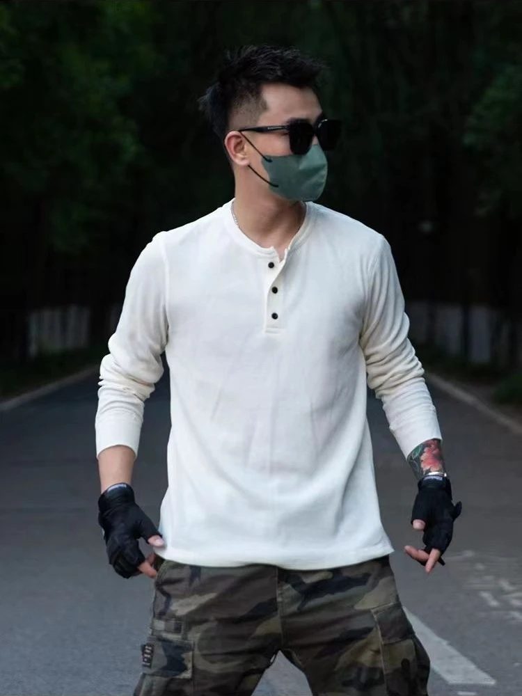 Men's Long Sleeve Trendy Casual T-Shirt Retro Solid Color Basic Tee Loose Fit Spring Summer Fashion Top