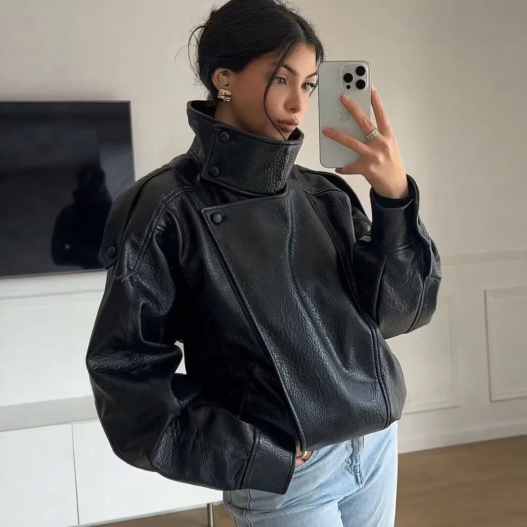 2026 New Motorcycle-style Stand-up Necklace Leather Jacket For Women, Loose-fitting Short Pu Leather Jacket Clothing Outfits