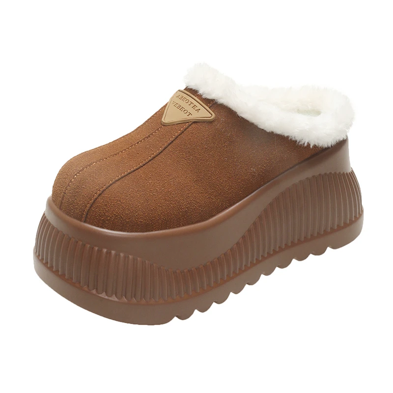 Women Platform Fur Slippers Suede Mules Shoes Winter 2025 Trend Casual Snow Boots Short Plush Warm Cotton Shoes 10CM High Heels