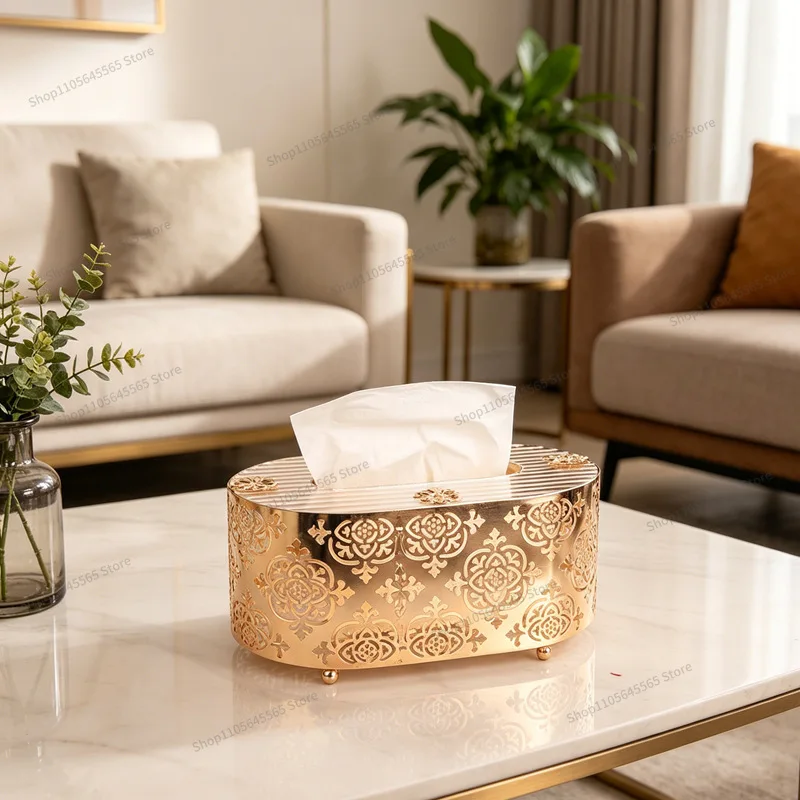 For light luxury European engraved gold tissue box household coffee table high-end pumping carton decorative ornament