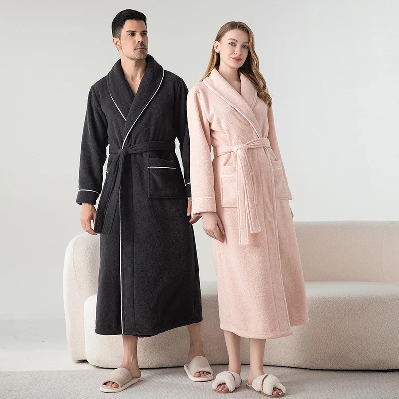 

Long Bathrobe Thickened Flannel Long Robe Couples Sleepwear Winter Men's Women's Nightgown Loose Casual Coral Fleece Home Wear