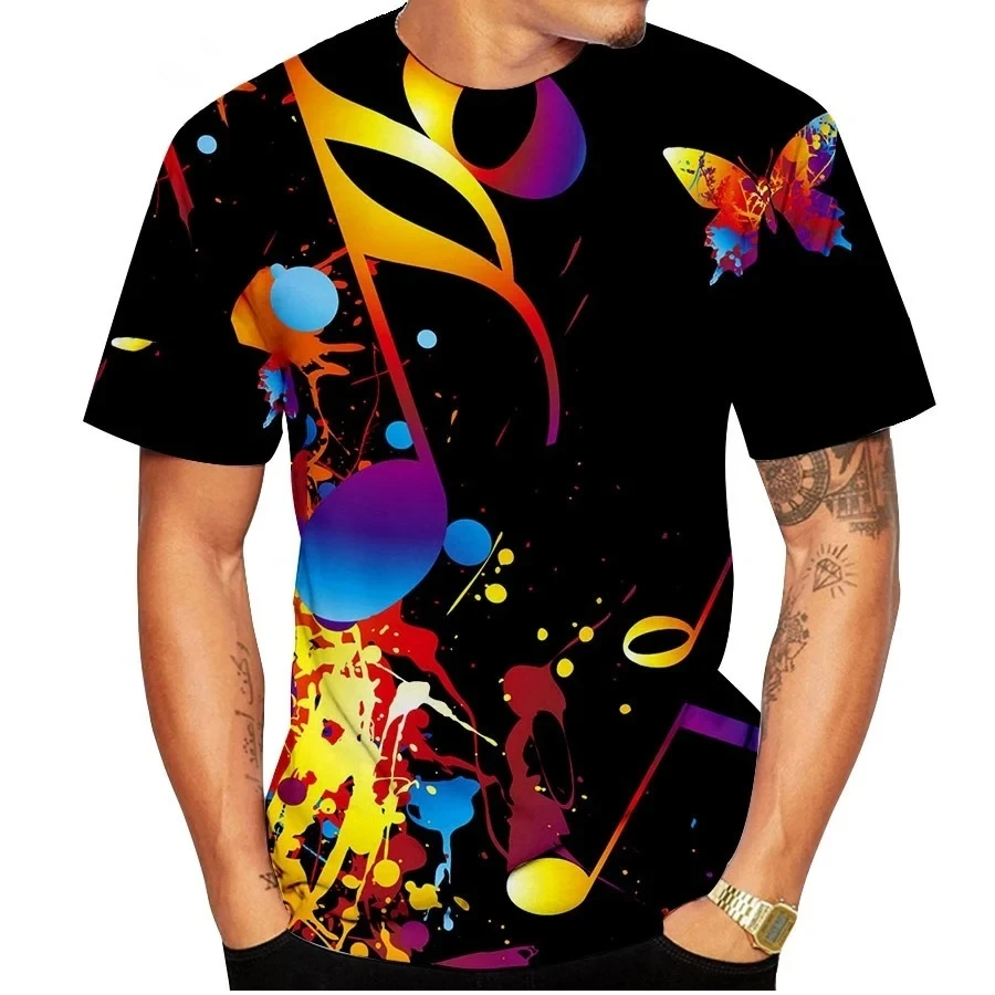 Fashion New Music Note Printing T-shirt Cool Men\'s Street Top Popular Elements Plus Size Round Neck Short Sleeve