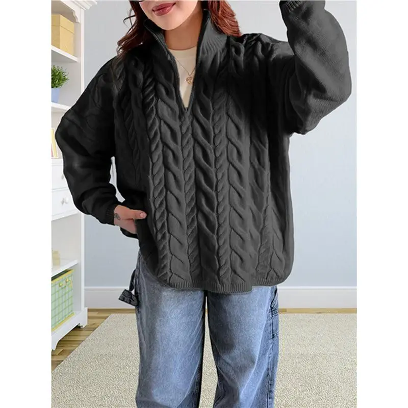 CYL-Women's Long Sleeve Half Turtle-Neck Sweater With Zipper Autumn And Winter Casual Ribbed Knit Pullover