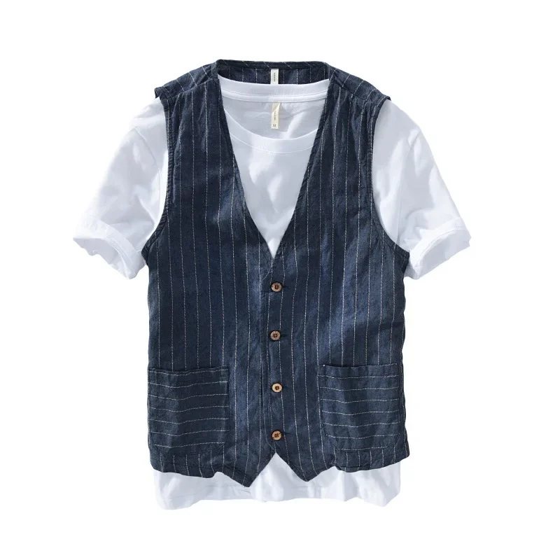 

British Fashion Workwear Cotton Linen Vest Versatile Casual Fashion Shirt Men's Long Sleeve Striped Shirt Coat