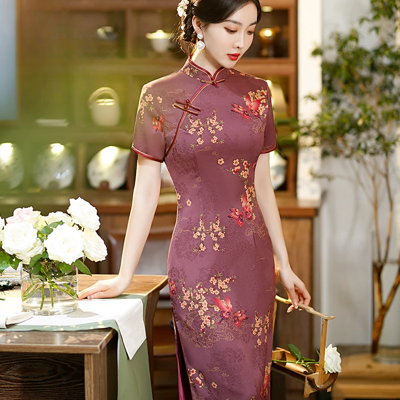 

2024 summer new Chinese style girl stand collar cheongsam Tiansi oblique placket printing slim temperament women's wear