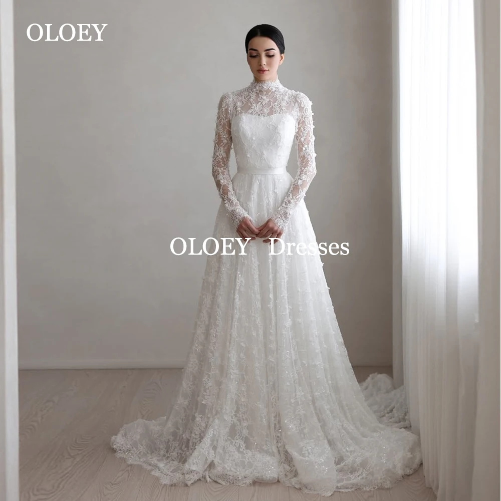 

OLOEY Modest Lace Muslim A Line Wedding Dresses Regular Full Sleeves Bride Gowns Floor Length Customized High Neck Sweep Train