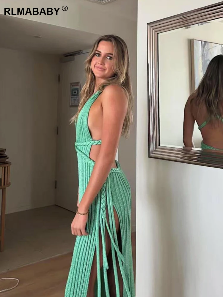 RLMABABY เซ็กซี่ลึก V คอ Backless ผู้หญิงยาวถักชุดฤดูร้อนเซ็กซี่ Slim BANDAGE ด้านข้างแยกพู่สีเขียวชุด Maxi ชุด