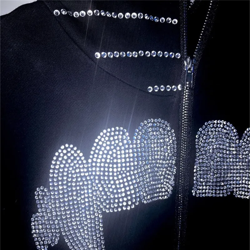 Y2k Hoodies Goth Hip Hop Rhinestone Teeth Spider Web 26 Letter Crown Full Zipper Black Oversized Jacket Sweatshirts