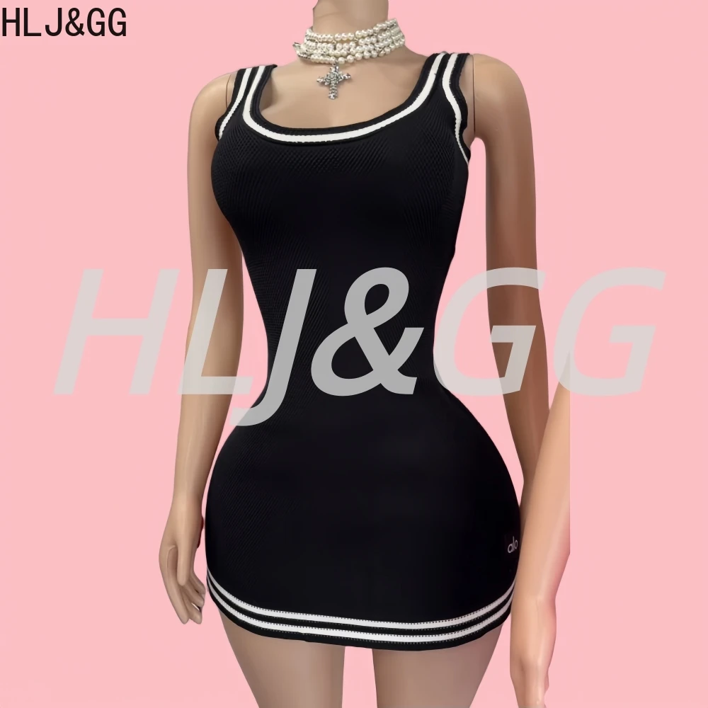 

HLJ&GG Fashion Stripe Knitting Bodycon Spaghetti Strap Mini Dresses Women U Neck Sleeveless Sporty Vestidos Female Dress Clothes