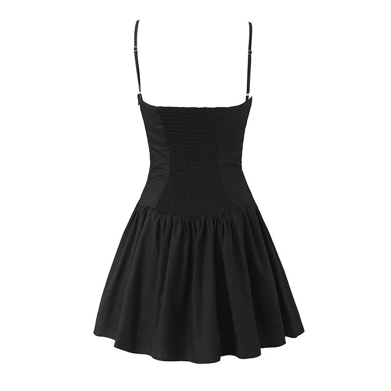 YENKYE Women Low Waist Fit And Flare Sling Mini Dresses Wood Ears Summer Sexy Dress Pink Black Holiday Party Robe Cotton