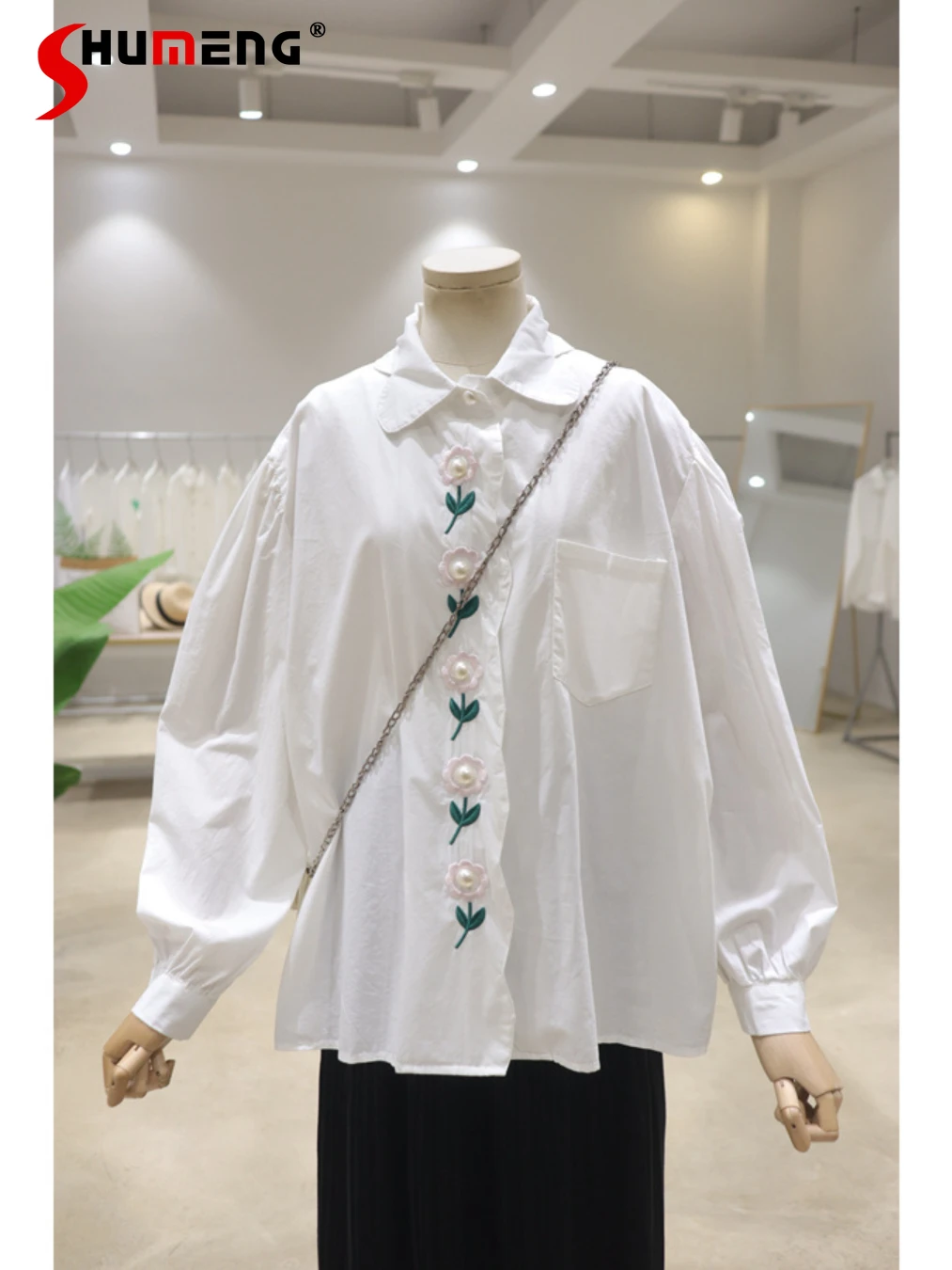 

Fresh Sweet Pearl Buckle Exquisite Women's Shirt Flower Embroidery 2024 Spring New Loose Slimming Cotton Long Sleeve Shirts