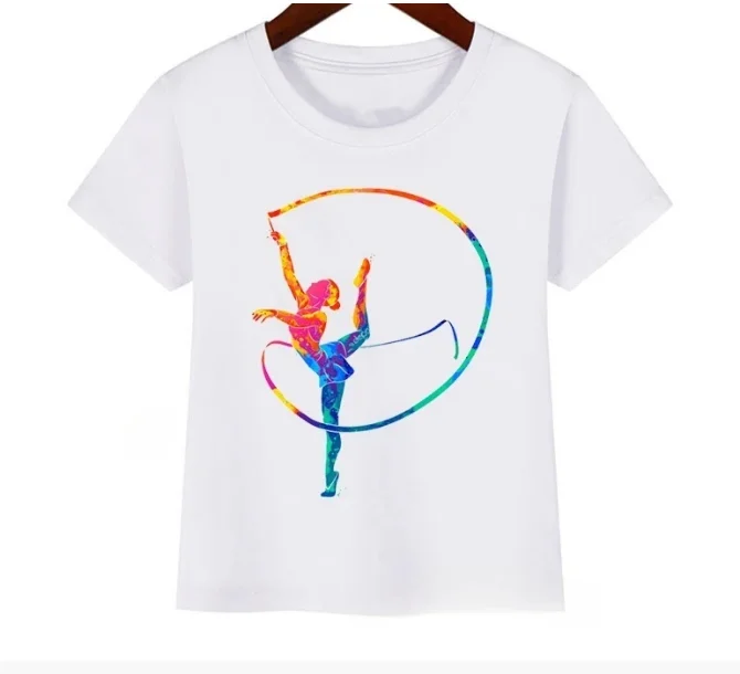 Watercolor Gymnast Ballerina Print Funny Children GYM White T-Shirt Girls Dance Training Clothes Kids Tshirt Top