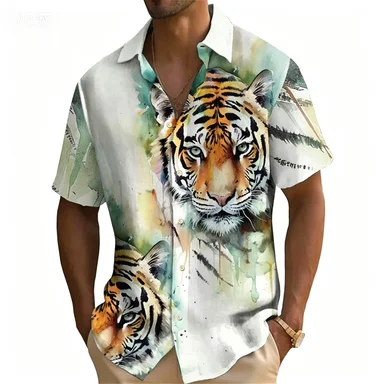 Summer New China-Chic Tiger Head Print Short Sleeve Shirt Men's Hegemonic Loose Hawaiian Vacation Casual Shirt