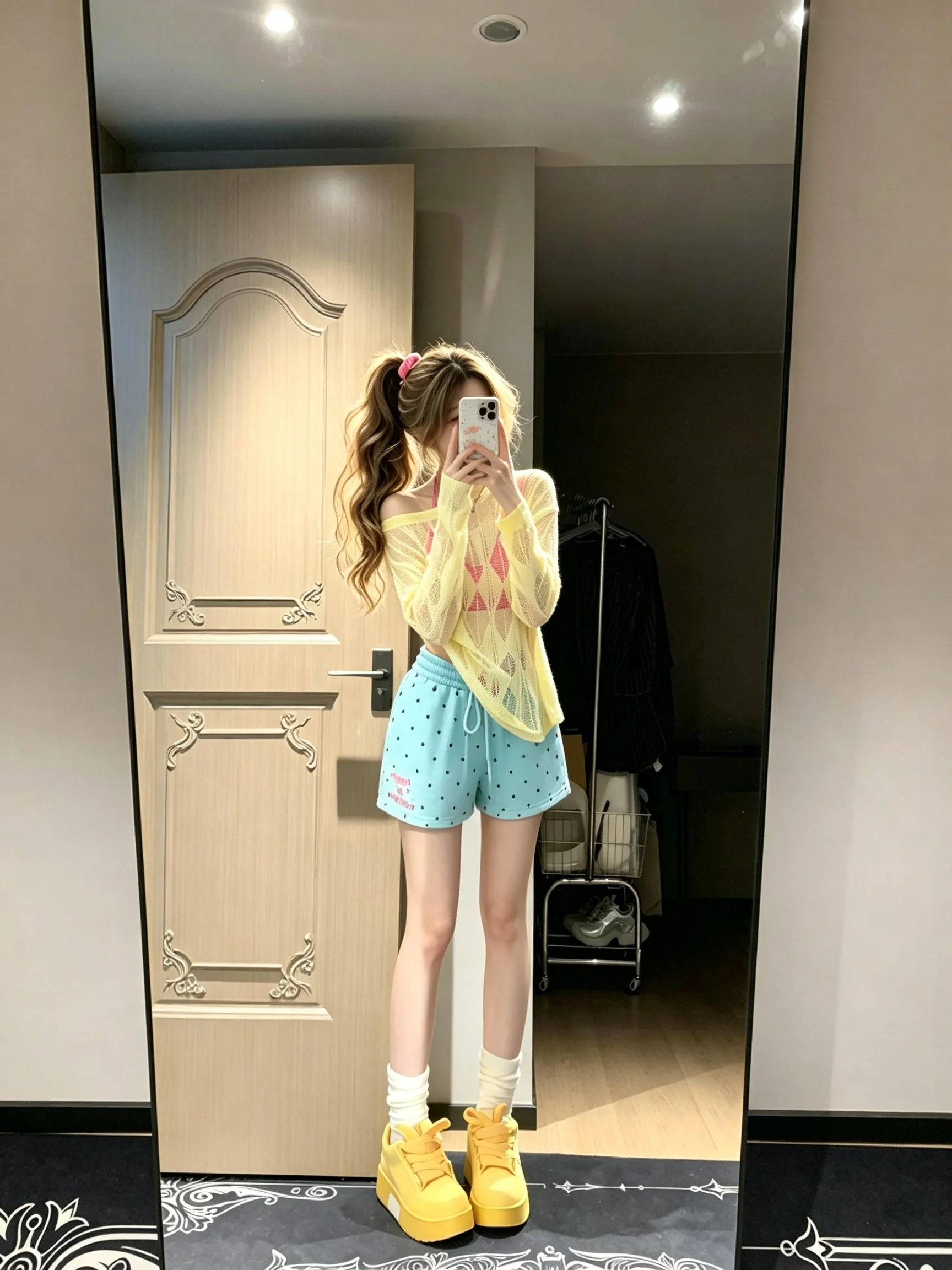 Dopamine Polka Dot Blue Shorts Women's High Waist A-Line Sleepwear Sporty Beach Three-Quarter Length Miniature Hot Pants