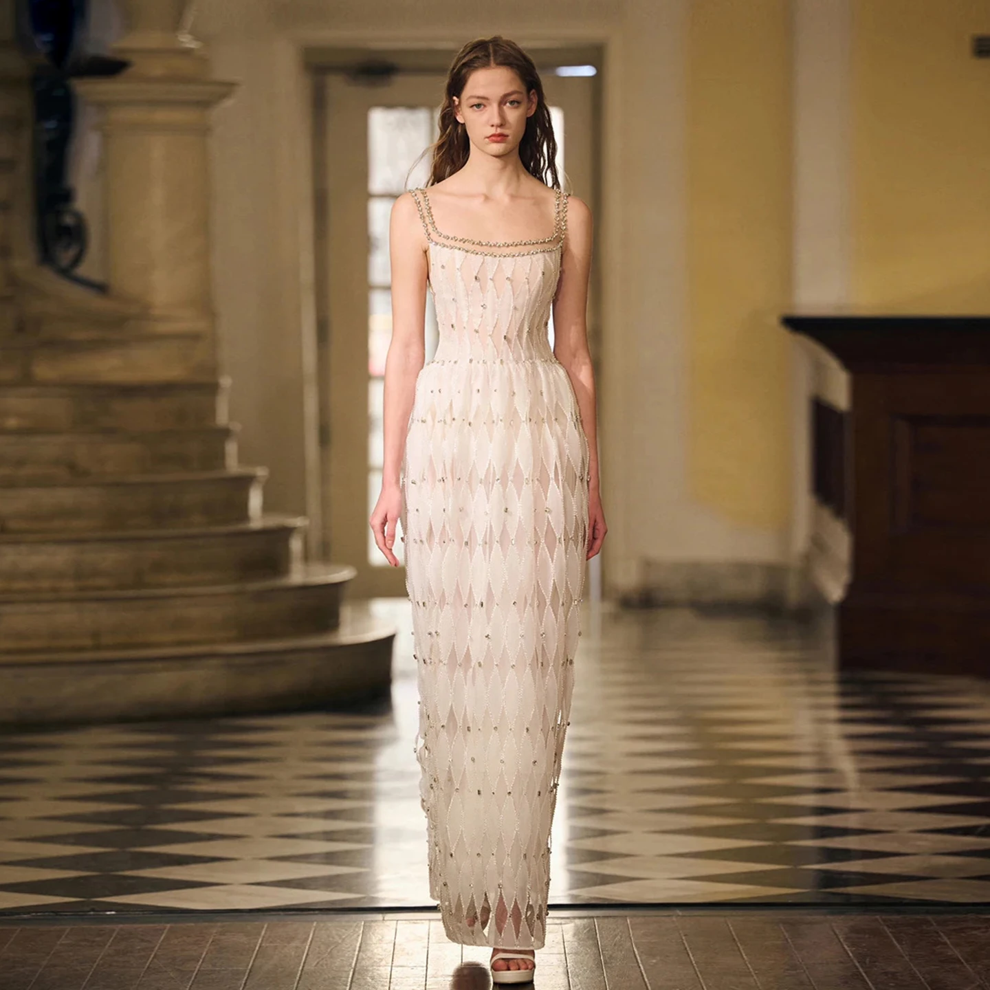 

Sharon Said Luxury Crystal Dubai White Evening Dress Women Wedding Sqaure Neckline Midi Formal Prom Party Gowns SS058 Customized