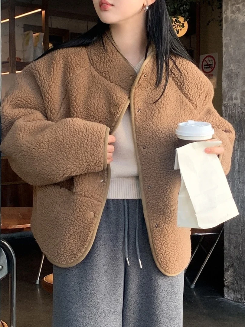 

Korean Sle Winter Vintage Soft Temperament Stand Collar Loose Versatile ort Size Women's Lamb Fur Inteated Coat